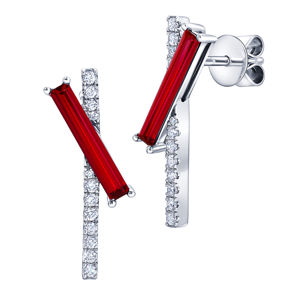 Boucles d'oreilles or blanc 14k accompagnées de diamants et rubis de laboratoire
