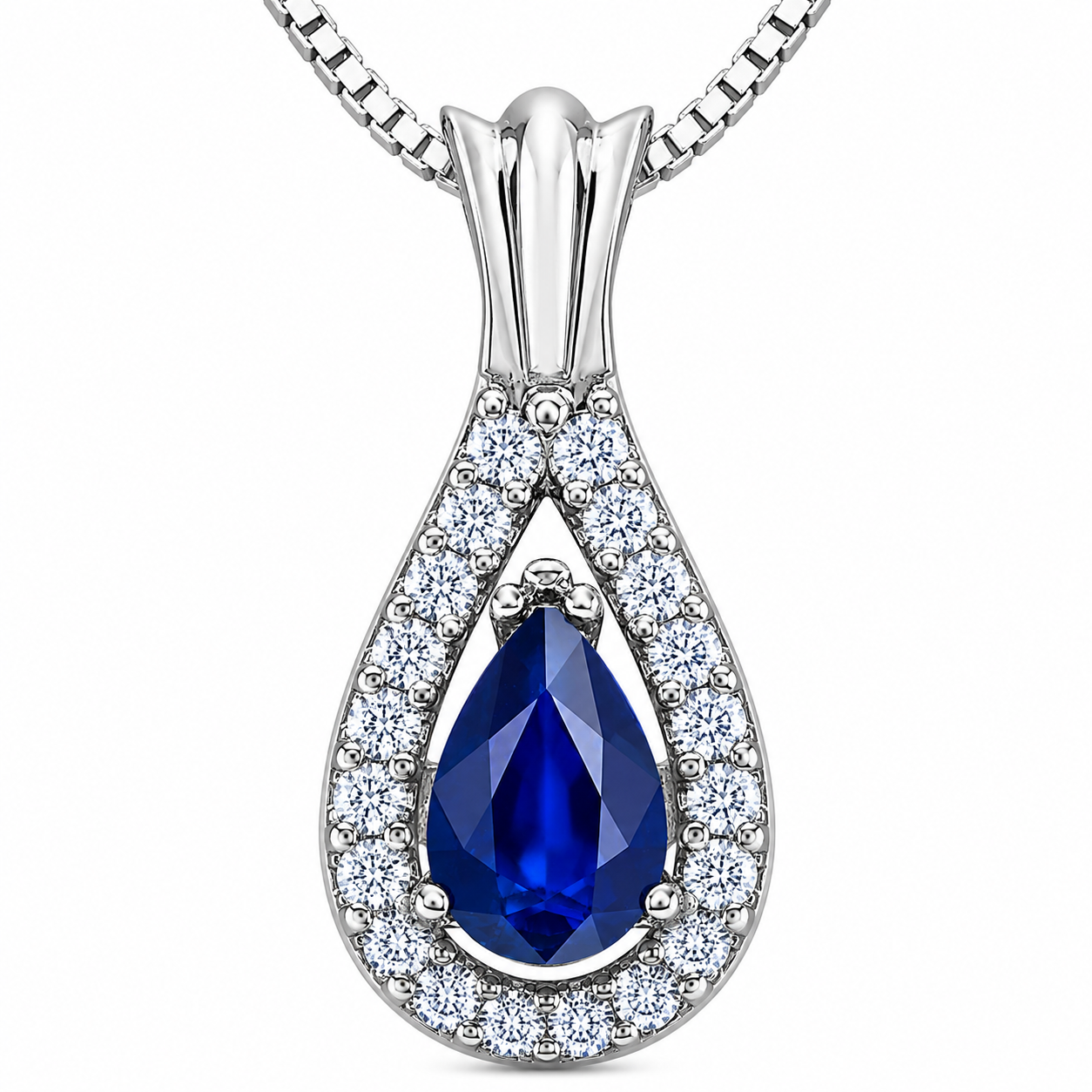 Chaîne et pendentif or blanc 10k saphir et diamants