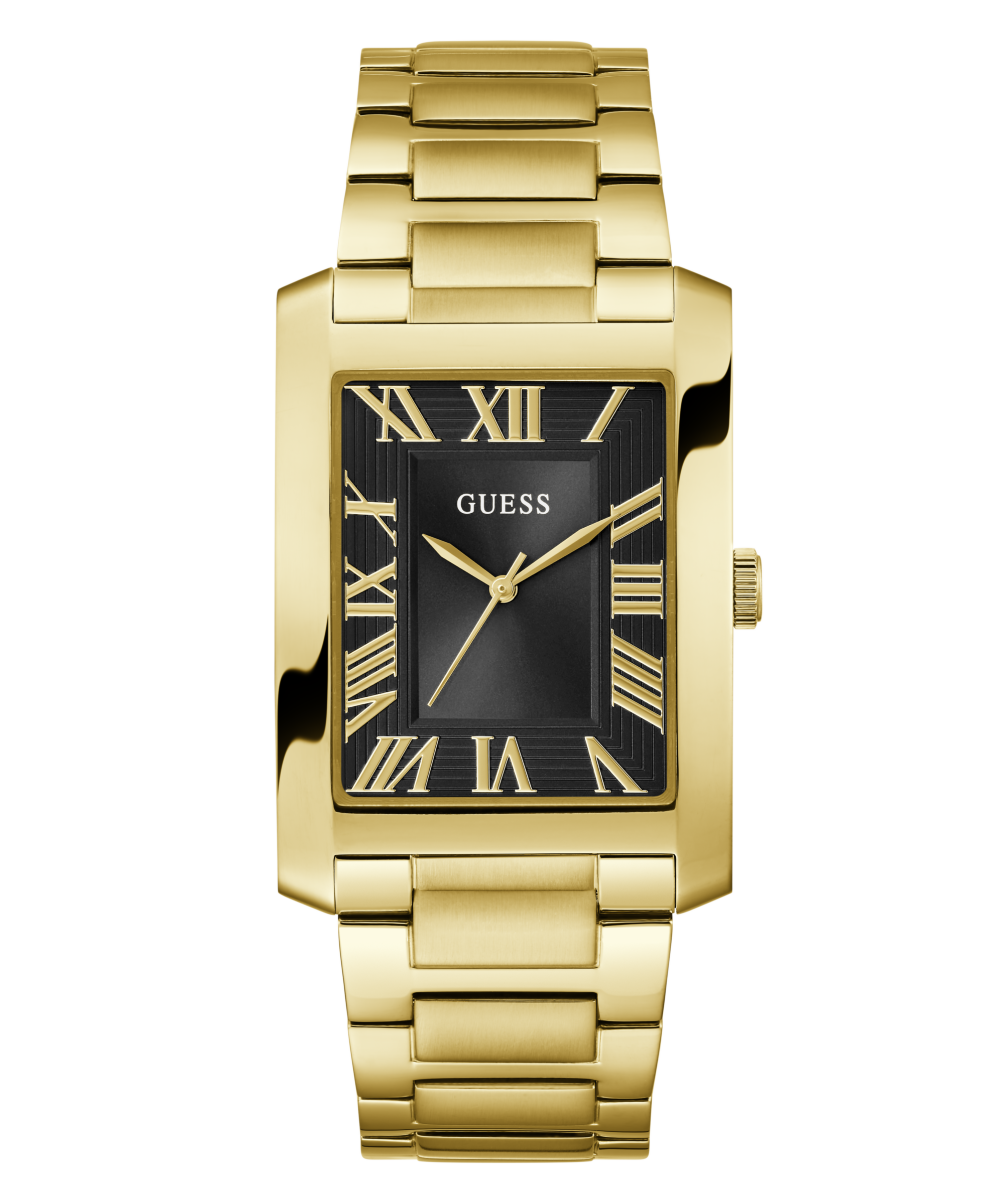Montre homme Guess bracelet et boitier dorés fond noir chiffres romains