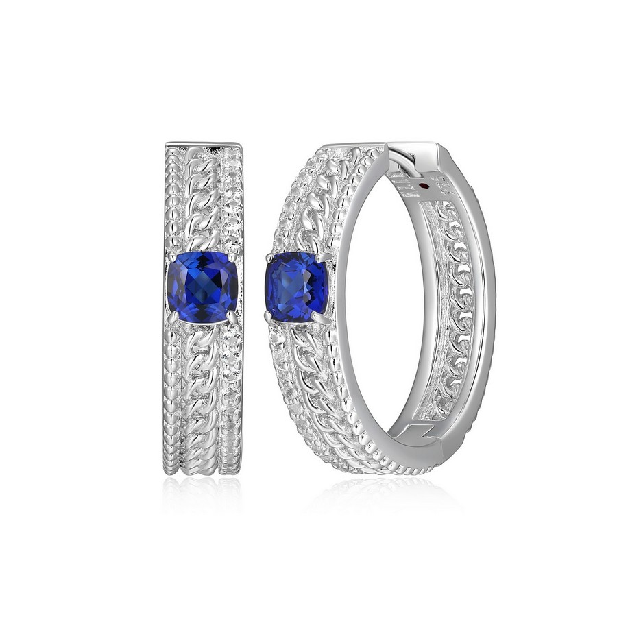 Boucles d'oreilles argent 925, 20mm de dia, saphir bleu crée labo et cz