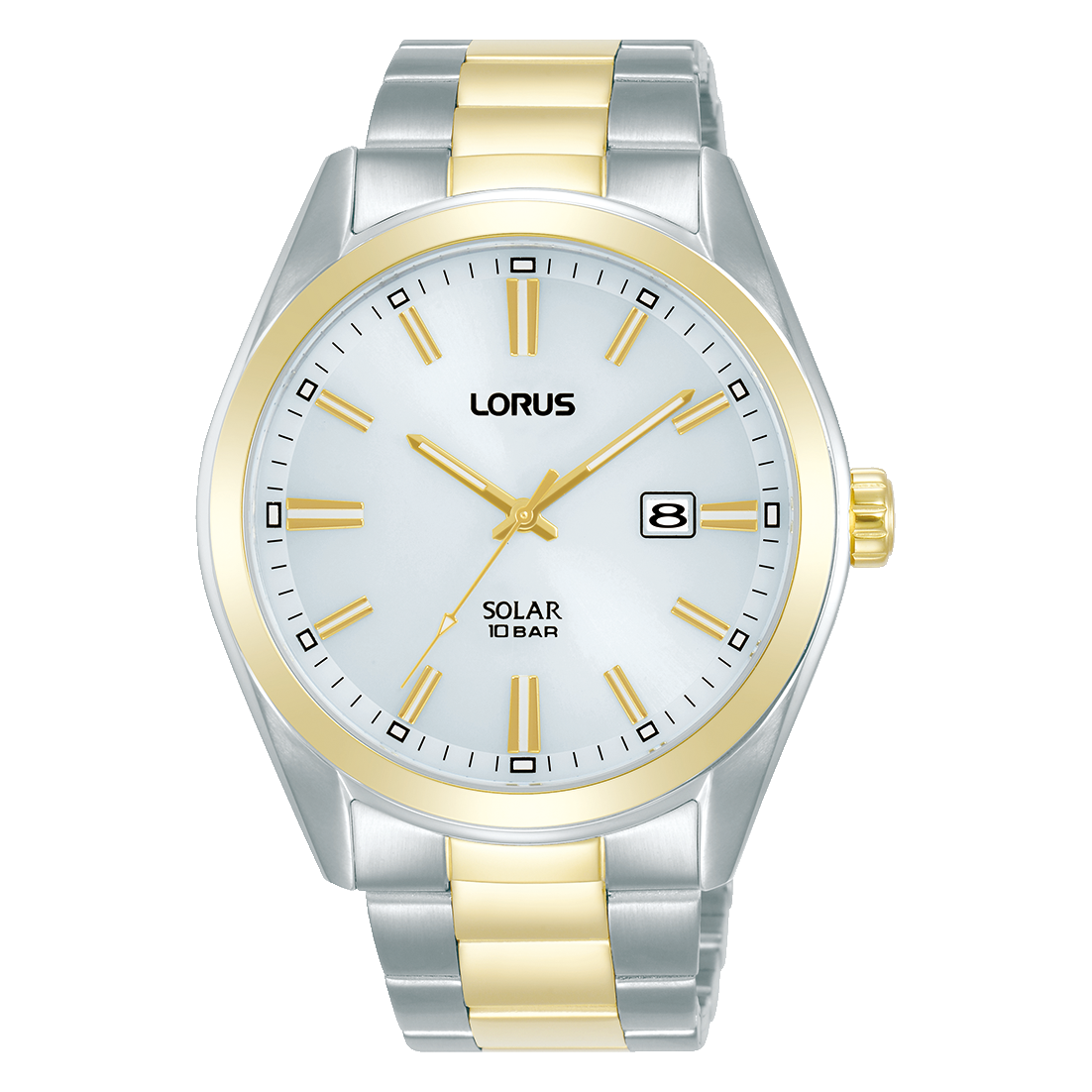 Montre solaire homme boitier et bracelet 2 tons acier/doré fond blanc