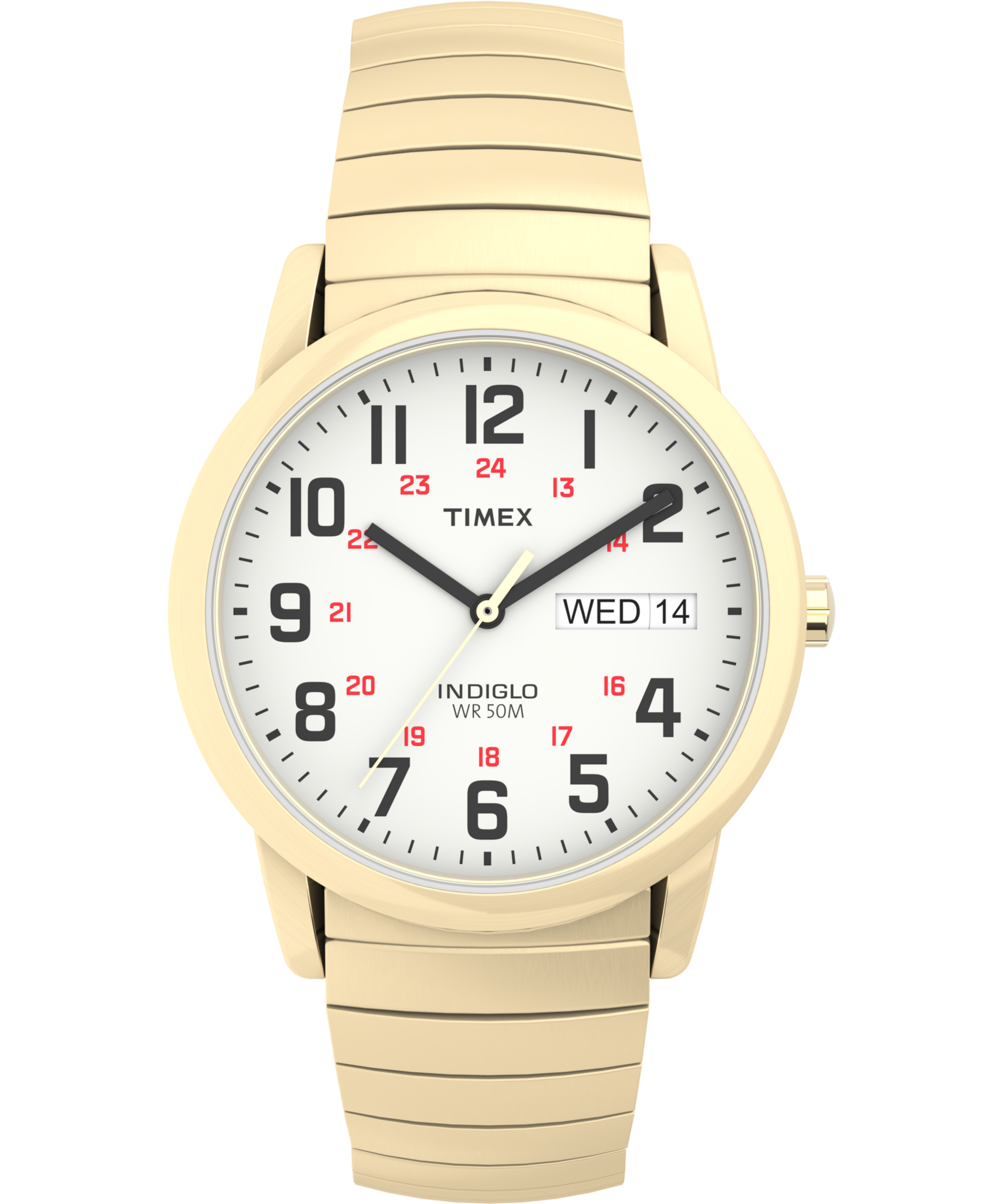 Montre Timex dorée fond blanc jour et date