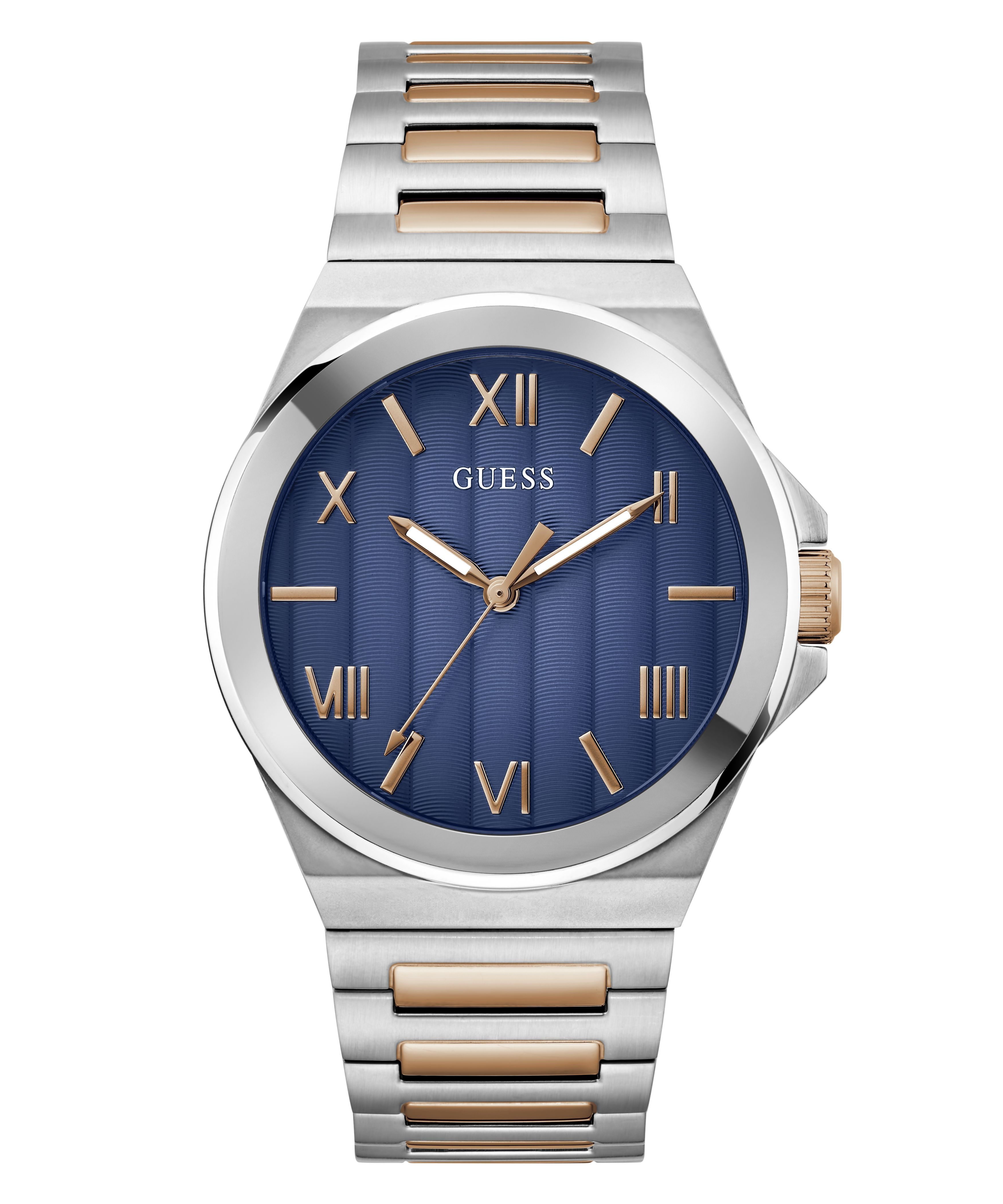 Montre homme GUESS quartz acier 2 tons gris/cuivré au fond bleu