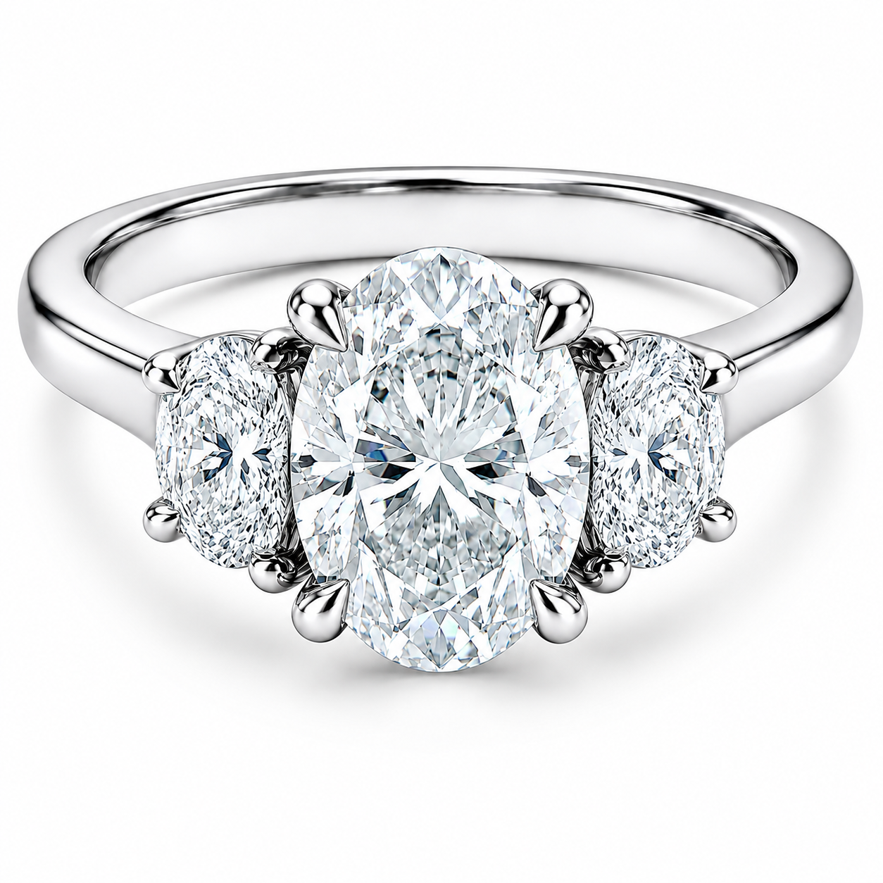 Bague or 10k blanc avec 1 diamant ovale et 2 demi-lunes