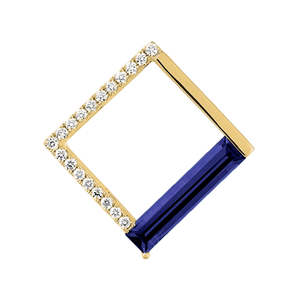 Pendentif carré ajouré en or jaune 14k avec diamants et saphir de laboratoire