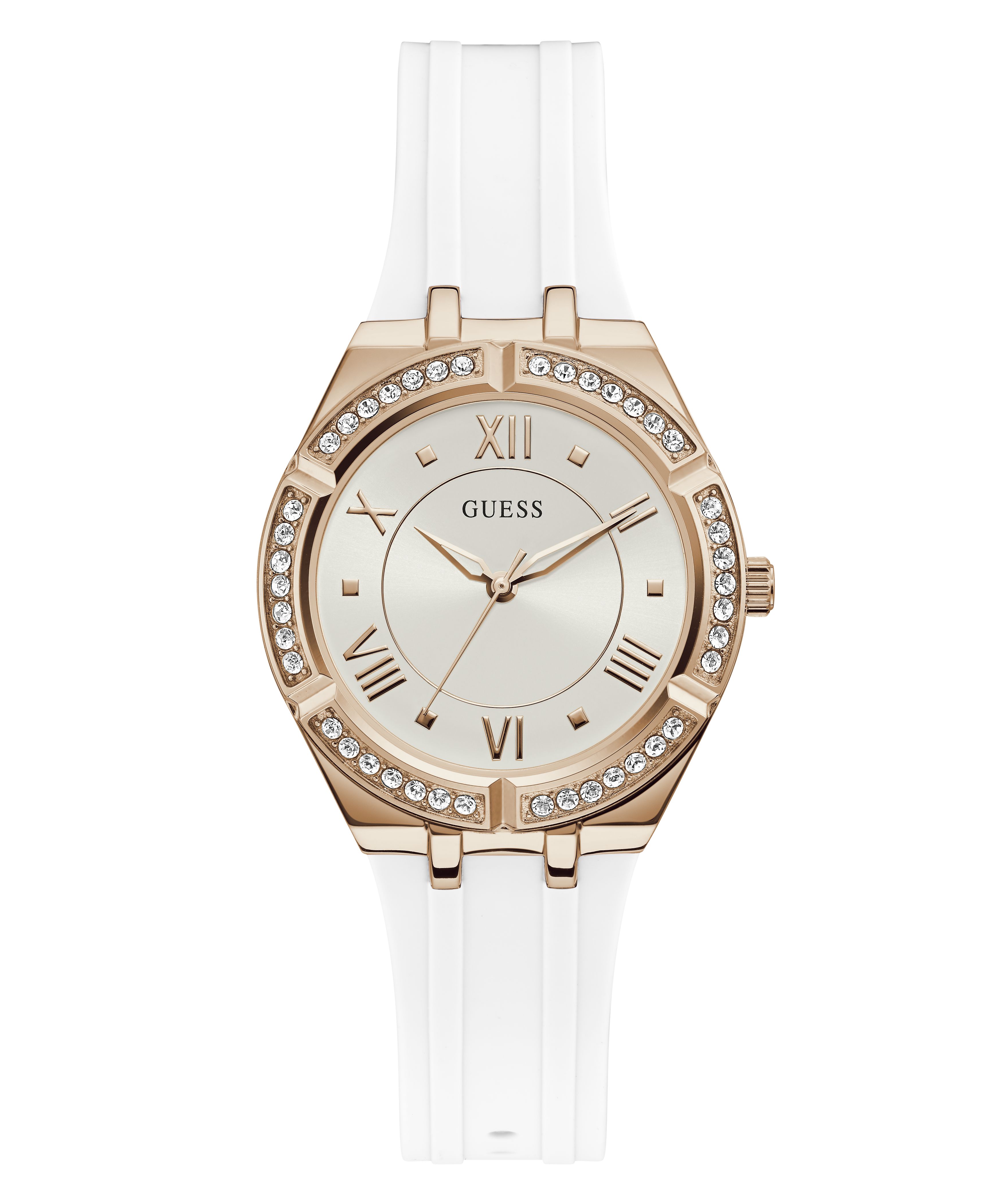 Montre Dame GUESS boitier rose bracelet sillicone blanc