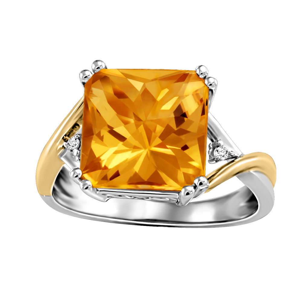 Bague or 10k 2 tons avec 1 citrine et 2 diamants naturels