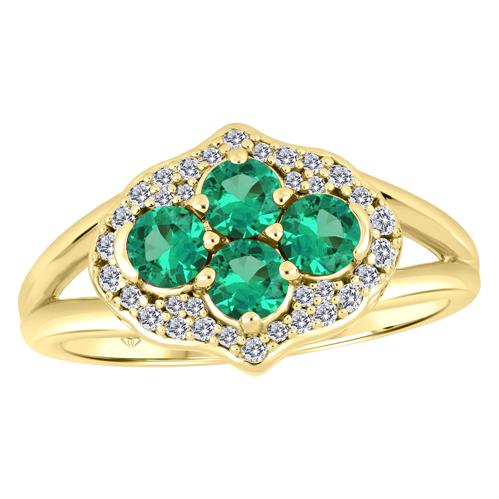 Bague or jaune 10k avec 4 émeraudes et diamants de laboratoire