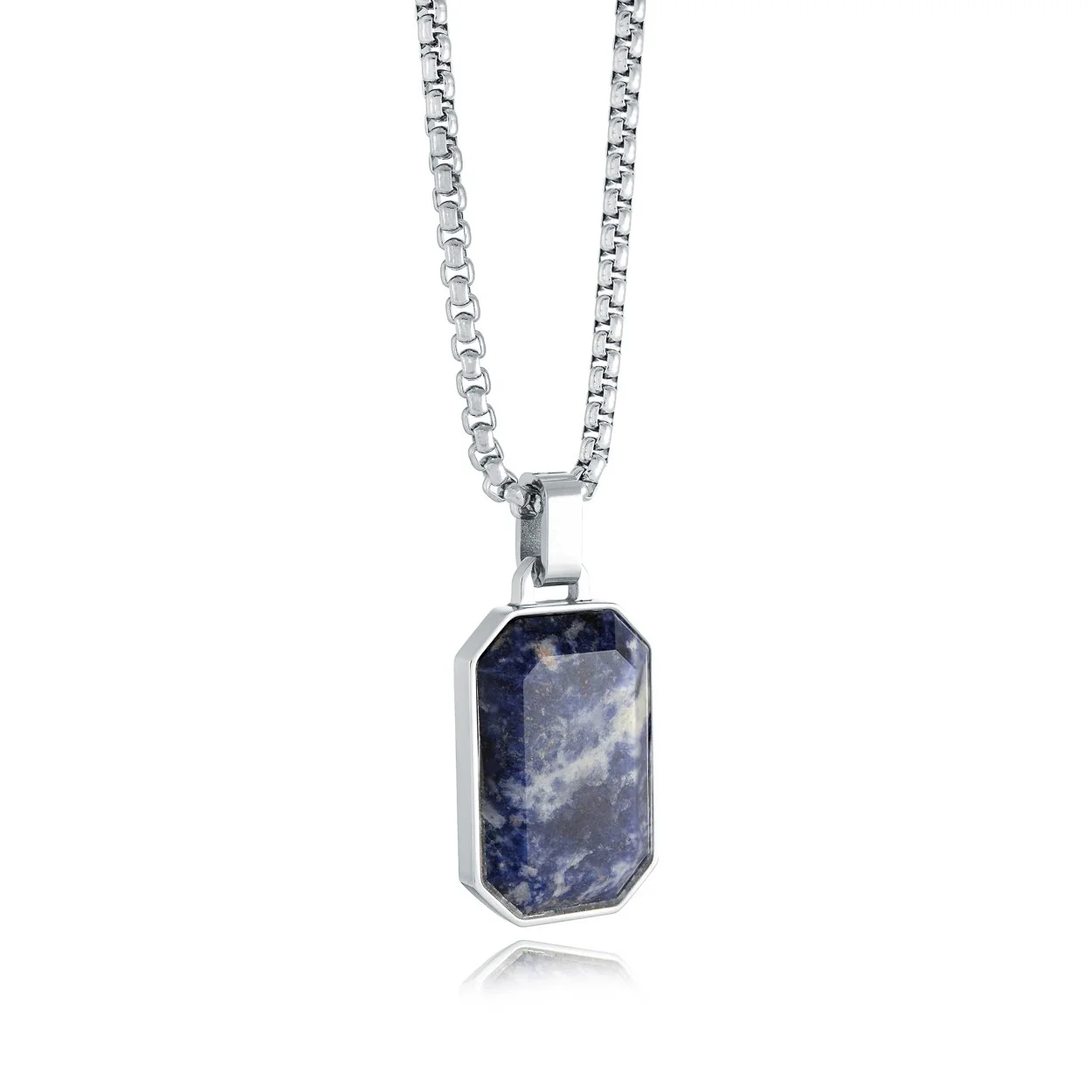Chaîne et pendentif acier pierre sodalite