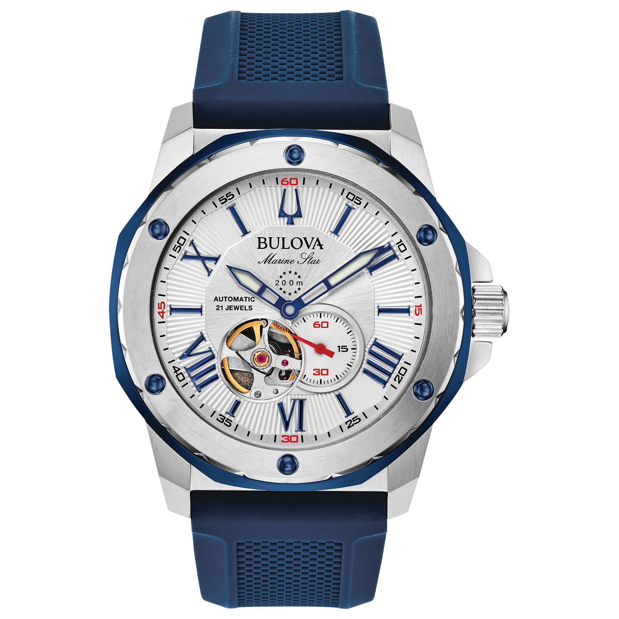 Montre Marine Star automatique fonds blanc bracelet SILLICONE BLEU