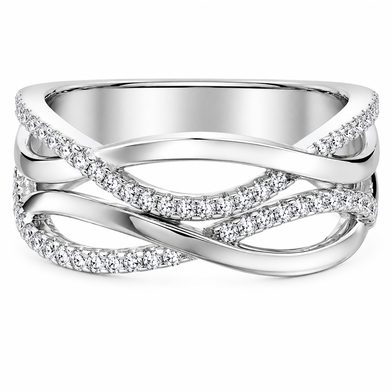 Bague or blanc 10k motif tresse ajourée sertie de diamants