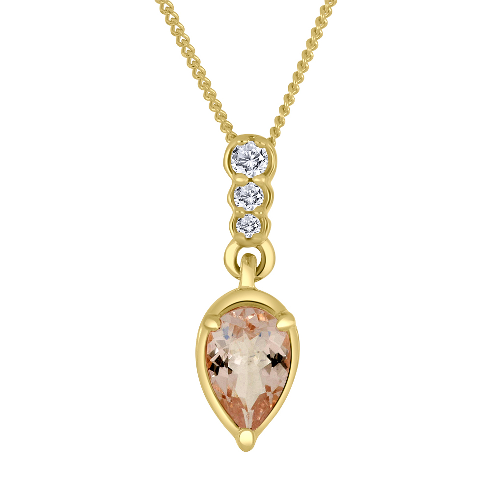 Pendentif et chaîne or jaune 10k, 1 morganite naturelle et 3 diamants naturels