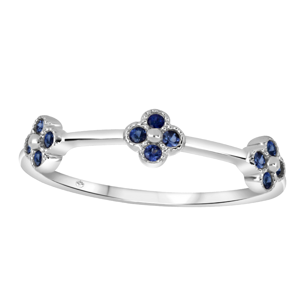 Bague or blanc 10k avec 3 motifs trèfles, saphirs naturels