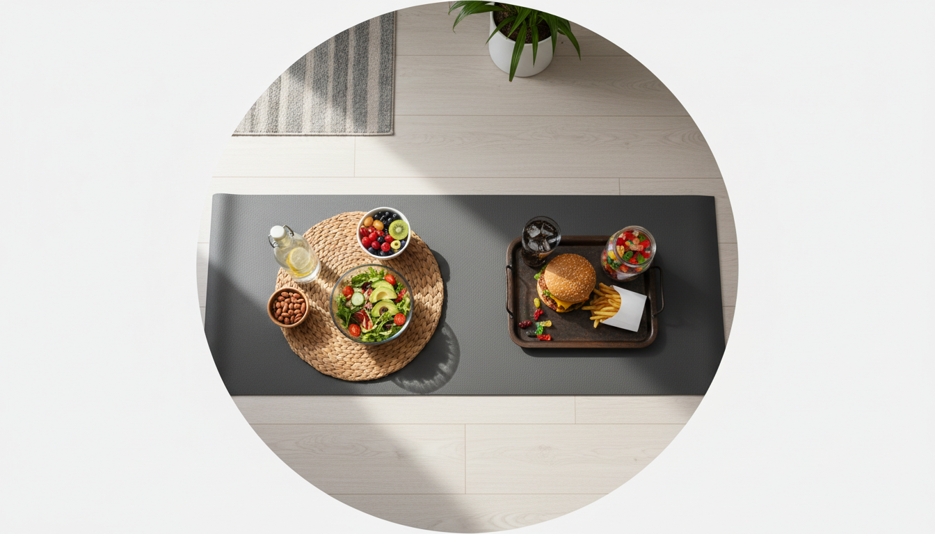 Overhead view of a yoga mat between a bowl of fresh food and a tray of fast food.