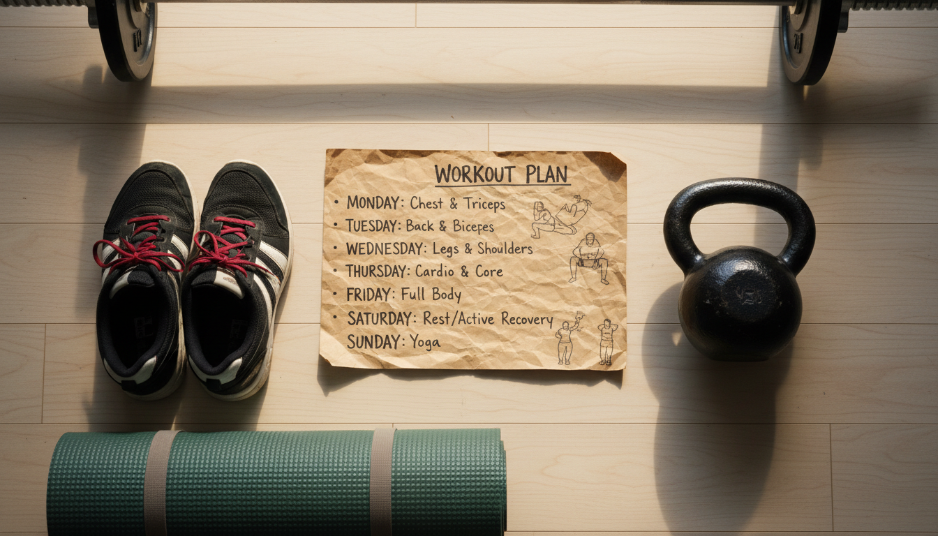 Overhead view of a weekly fitness plan with shoes, a yoga mat, and a barbell nearby.
