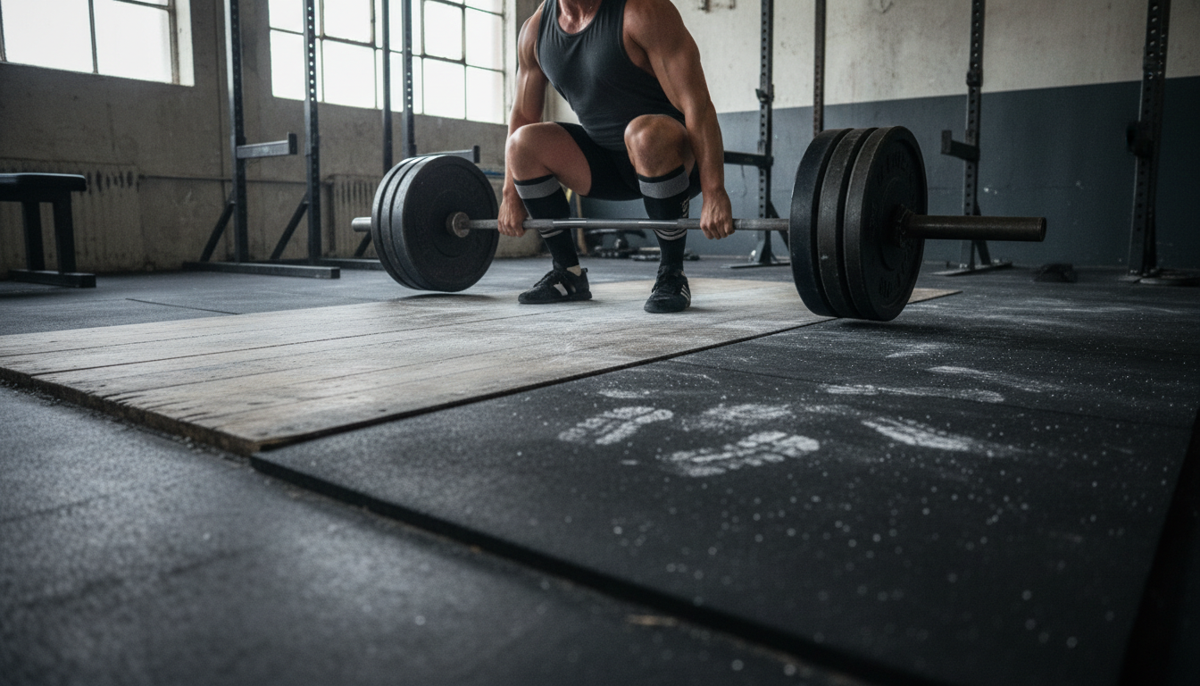Low-angle view of a barbell loaded for a strength training session.