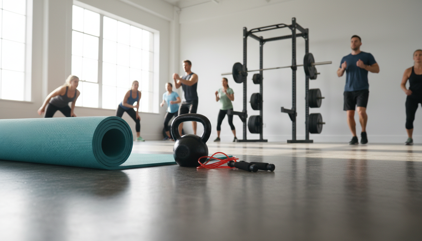 Wide-angle view of a training studio with yoga, conditioning, and barbell stations.