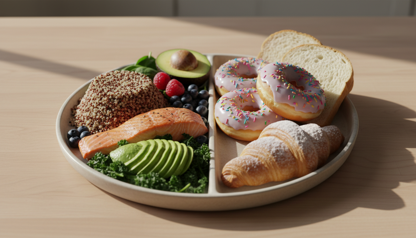 Close-up view of a split plate with colorful whole foods on one side and sugary pastries on the other.