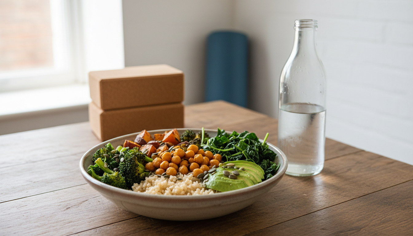 Eye-level view of a healthy recovery meal with yoga blocks and a water bottle nearby.
