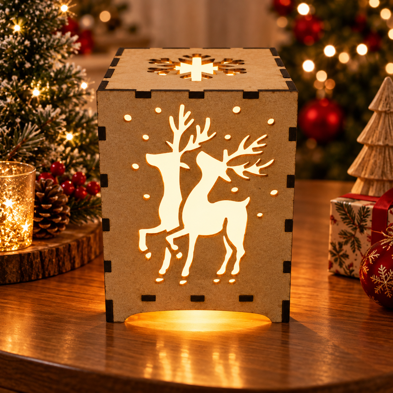 Luminária Decorativa Natalina em MDF – Iluminação LED com 3 Modos