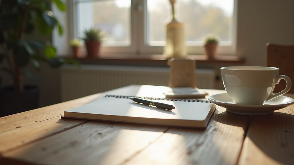 Eye-level view of a cozy workspace with a notebook and coffee cup