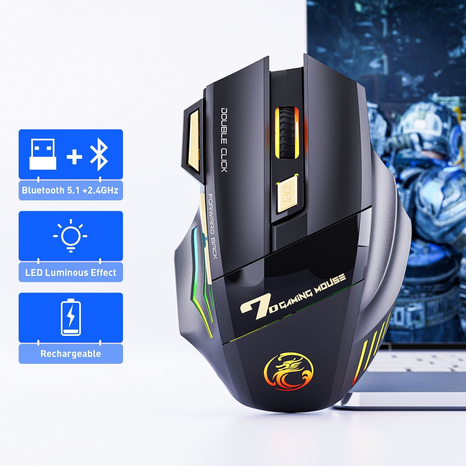 Wireless Gaming Mouse USB IMICE GW-X7 3200DPI Dual Mode Rechargeable 7 Keys 2.4G