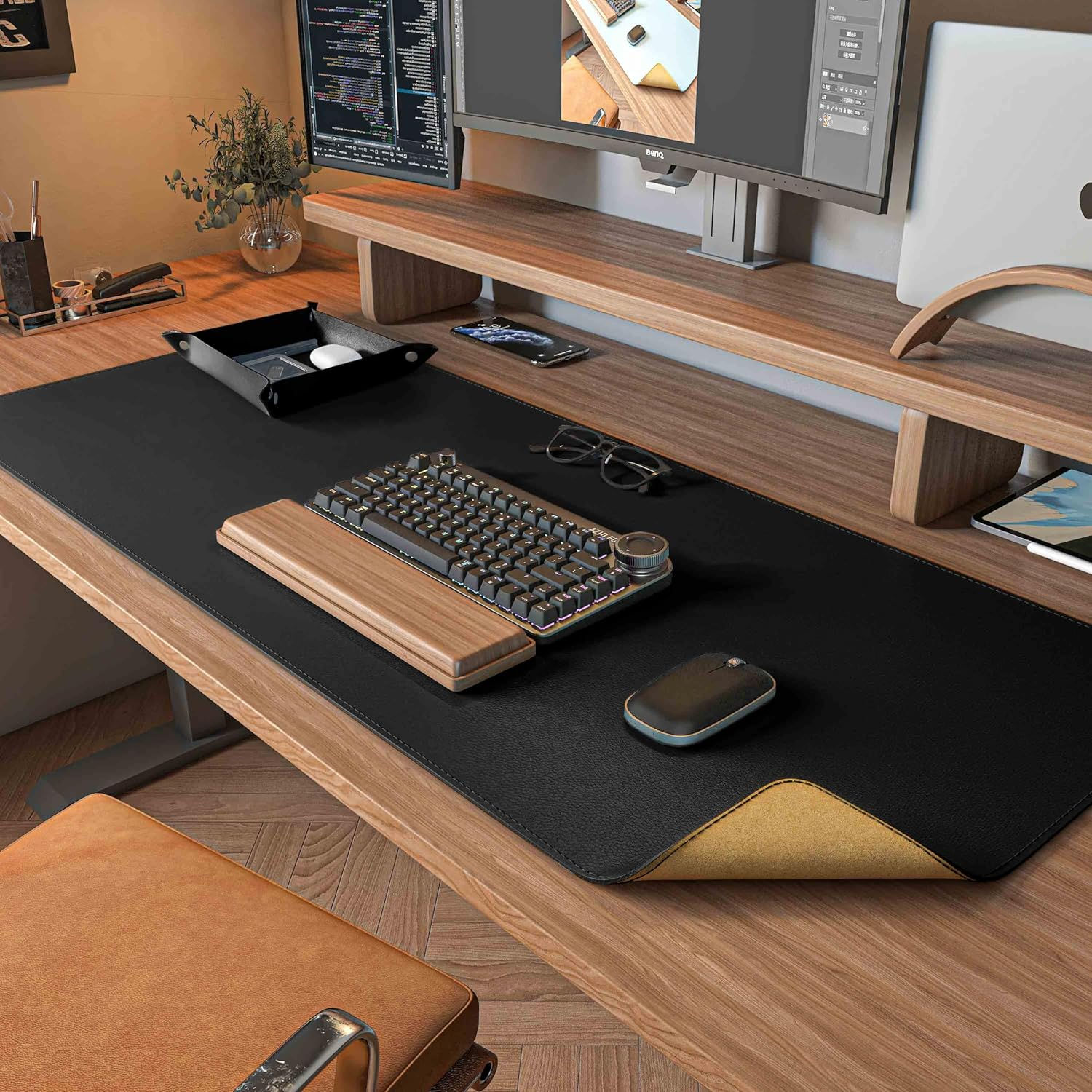 Dual Sided Desk Mat,Leather Desk Pad,Black Cork Desk Mat Protector,Large Mouse P