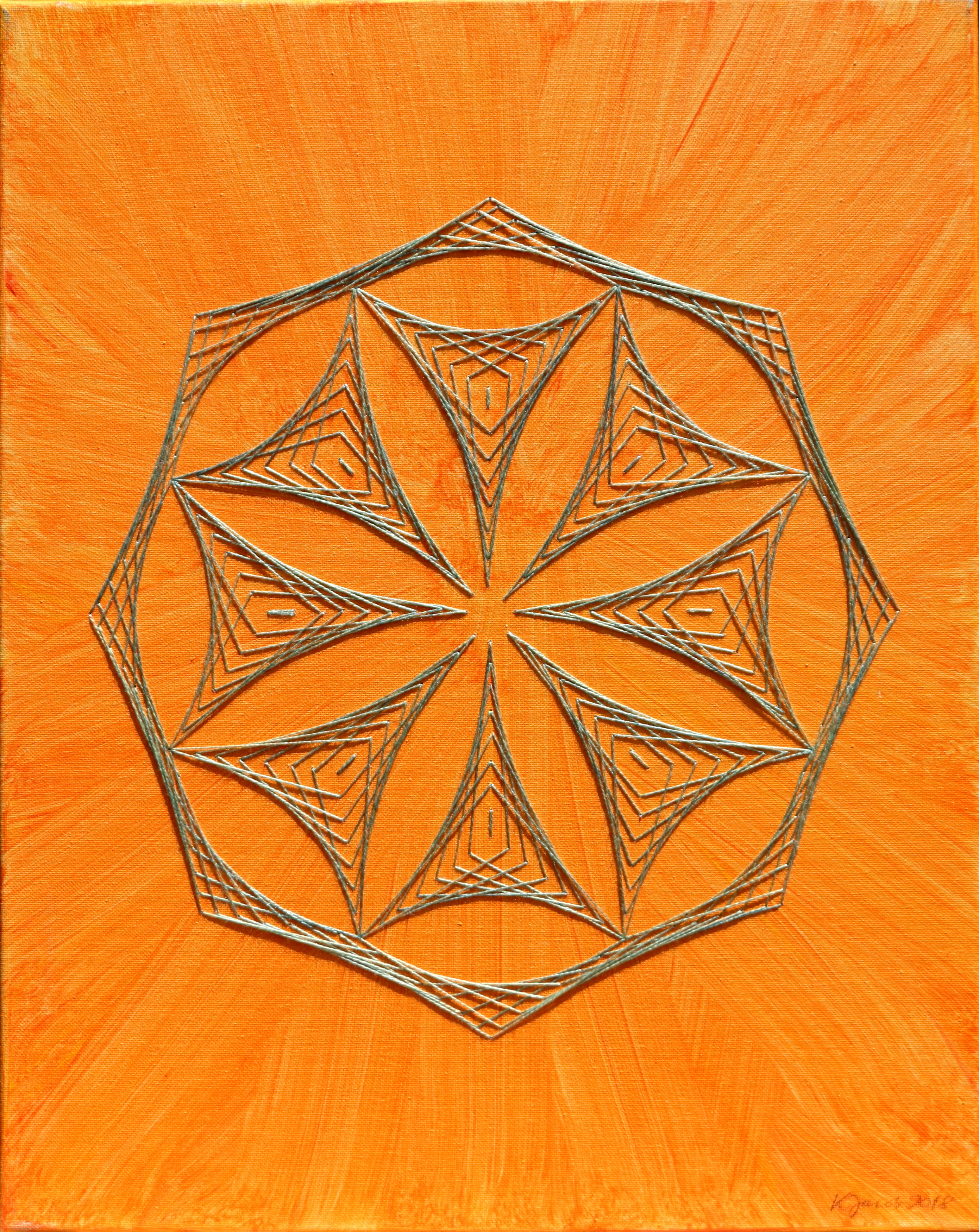 Wandbilder Strings auf Acryl, Grau-Grün auf Orange