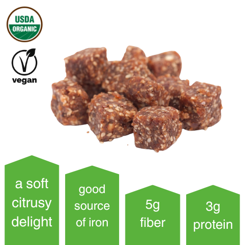 Several Organic Chia Orange Chunks of Energy with icons and product benefits