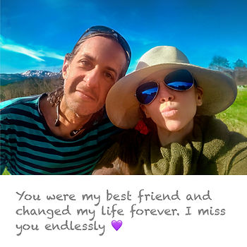 Simon smiling beside agnes blowing a kiss to the camera. Words beneath read "You were my best friend and changed my life forever. I miss you endlessly.đź’ś"