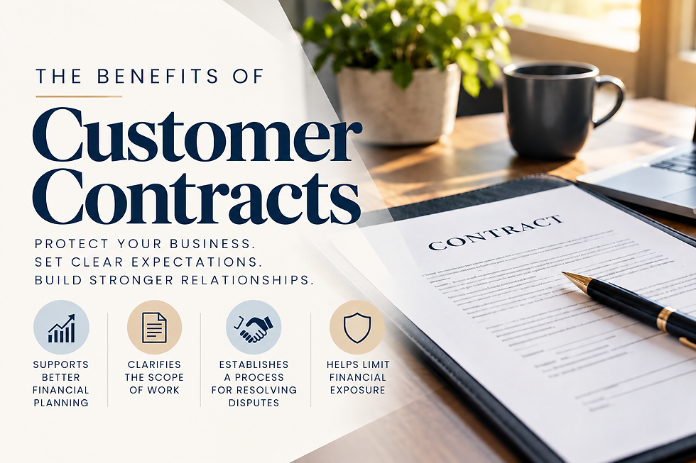 Graphic highlighting the benefits of customer contracts, including better financial planning, a clear scope of work, a process for resolving disputes, and limited financial exposure, alongside a contract document on a professional office desk.