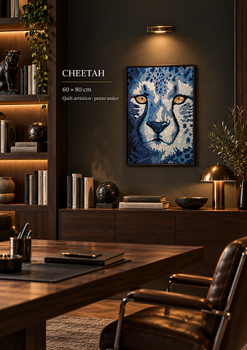 Ambientazione digitale di un interno contemporaneo dai toni scuri con Cheetah, opera tessile figurativa che raffigura il volt