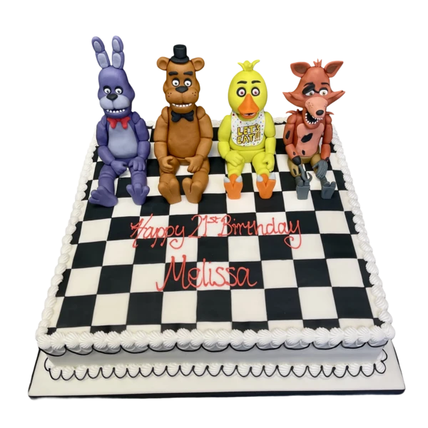 Bespoke Five Nights at Freddy's character cake with detailed figures, perfect for celebration in Solihull, West Midlands.
