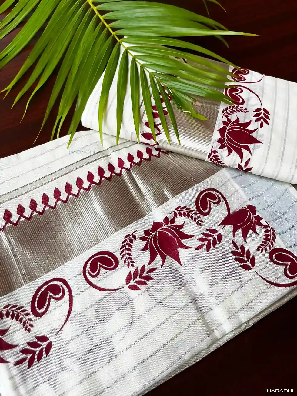 Thumbnail: Maroon Lotus Premium Silver Stripe Kasavu Cotton Handloom Setmundu Closeup view