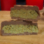 Cross-section of a generously filled chocolate tree with pistachio kadayif centre.