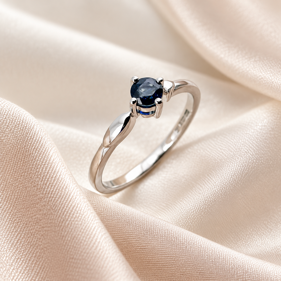 Round blue sapphire solitaire ring in a four-claw white-metal setting