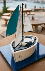 Bespoke sailboat cake with handmade sails and nautical details for Bowmoor Sailing Club’s 50th anniversary celebration.