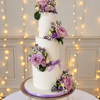 Three tier white fondant wedding cake with floral stencil detail, lilac roses and a lilac bow, on a silver stand
