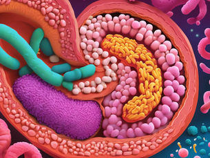 Vivid, digital depiction of the gut microbiome.
