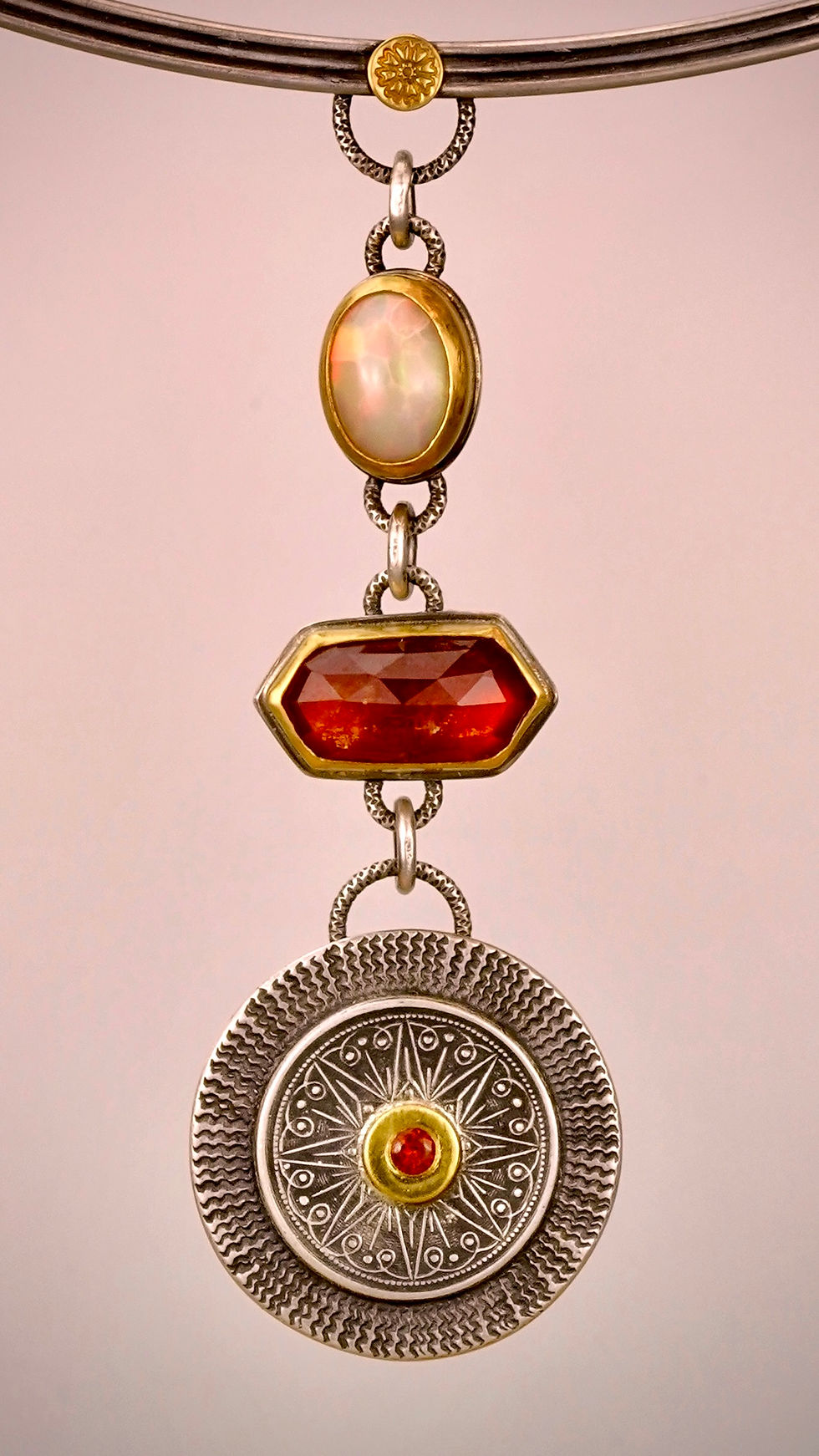 Thumbnail: Sundial Necklace, with 22k gold, Sterling, Orange Kyanite and Fire Citrine