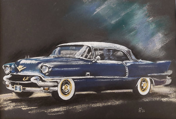 Cadillac 1956, Baujahr 1956, Zeichnung, Pastellkreide, blauer Cadillac gezeichnet