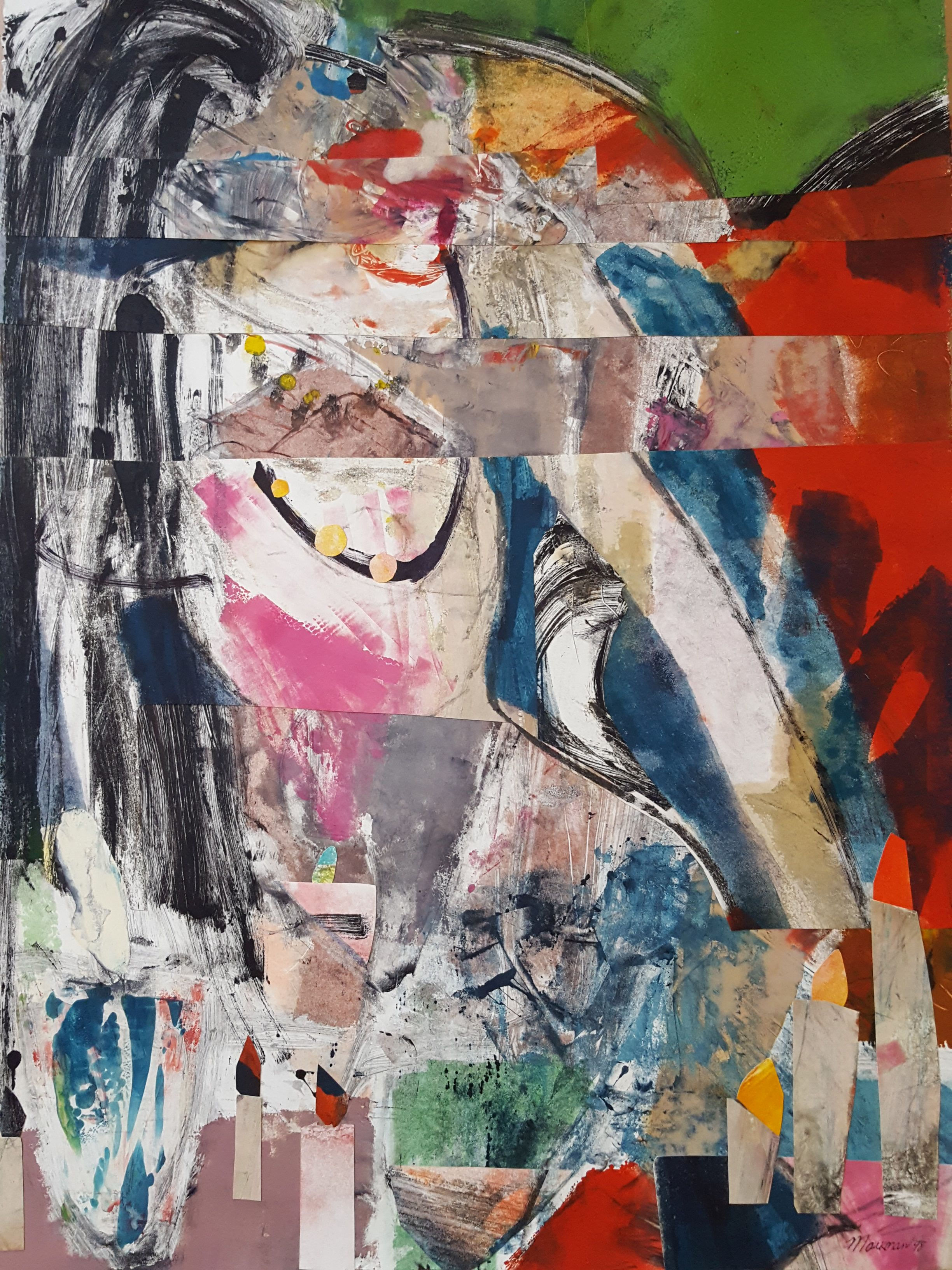 Lori Markman Monoprint Collage, Woman At Her Dressing Table With Candles