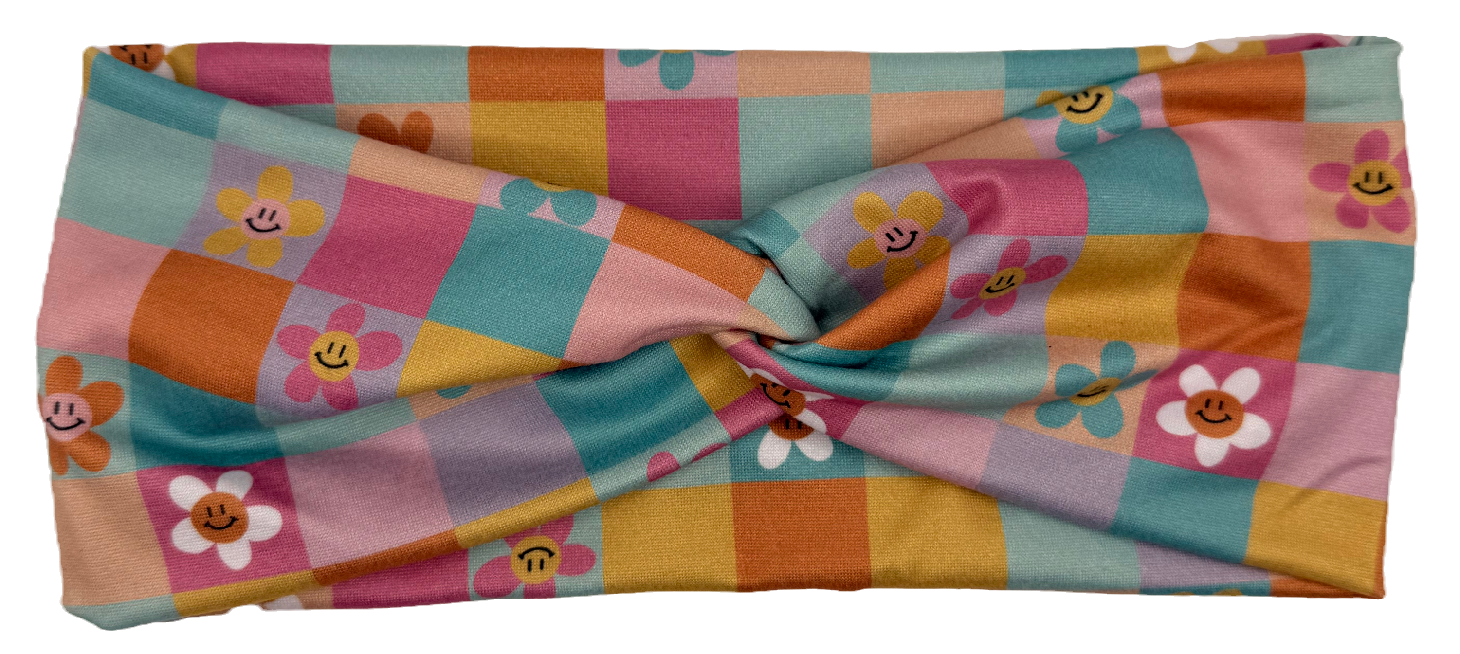 Twisted Headband - Colorful Checkered Daisies