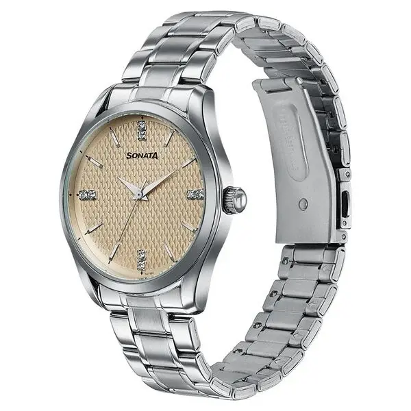 Sonata Jashn Quartz Analog Beige Dial Silver Metal Strap Watch For Men