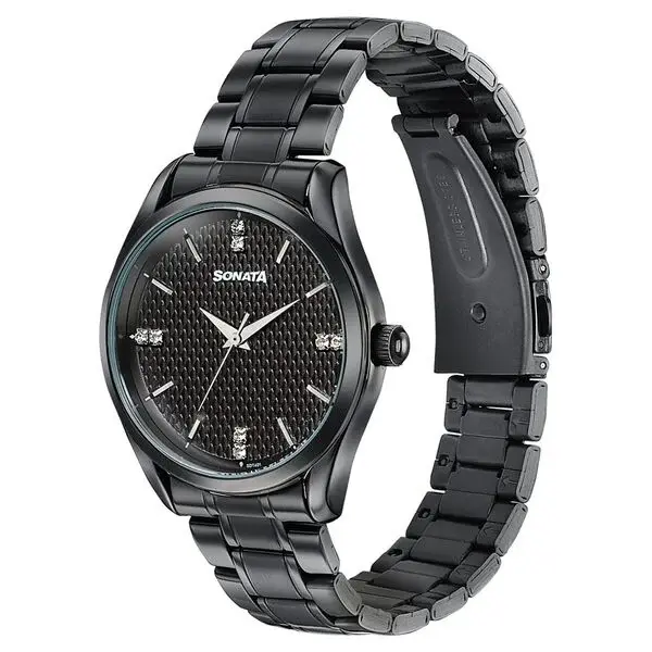 Sonata Jashn Quartz Analog Black Dial Black Metal Strap Watch For Men