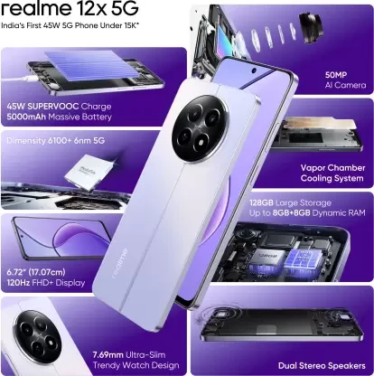 REALME 12x 5G with 4 /6 /8GB RAM,128GB Storage(Twilight Purple
