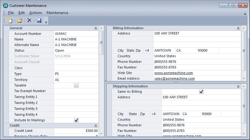 Customer Maintenance Screen