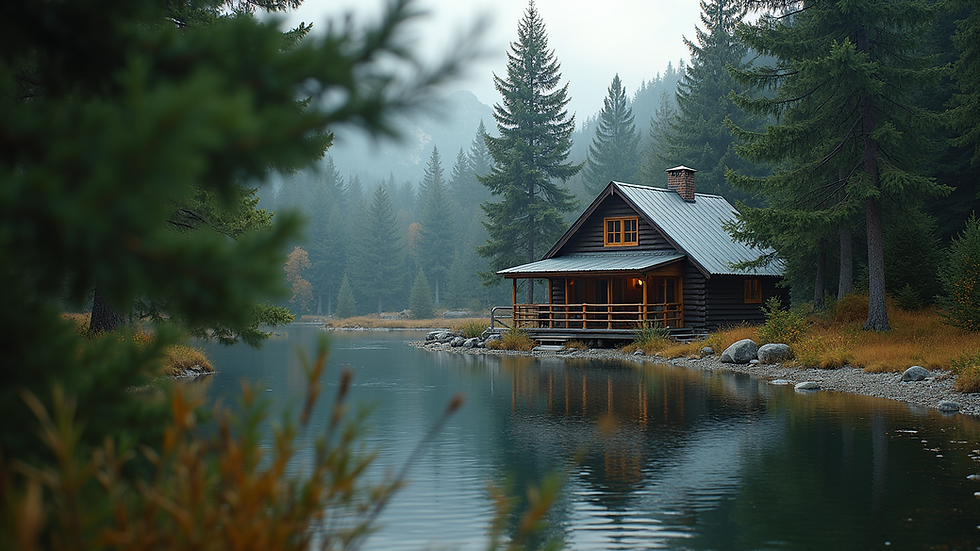 Eye-level view of a rustic fishing lodge surrounded by pine trees