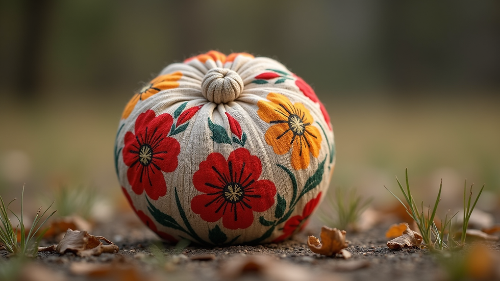 Close-up view of a handcrafted hacky sack featuring floral patterns