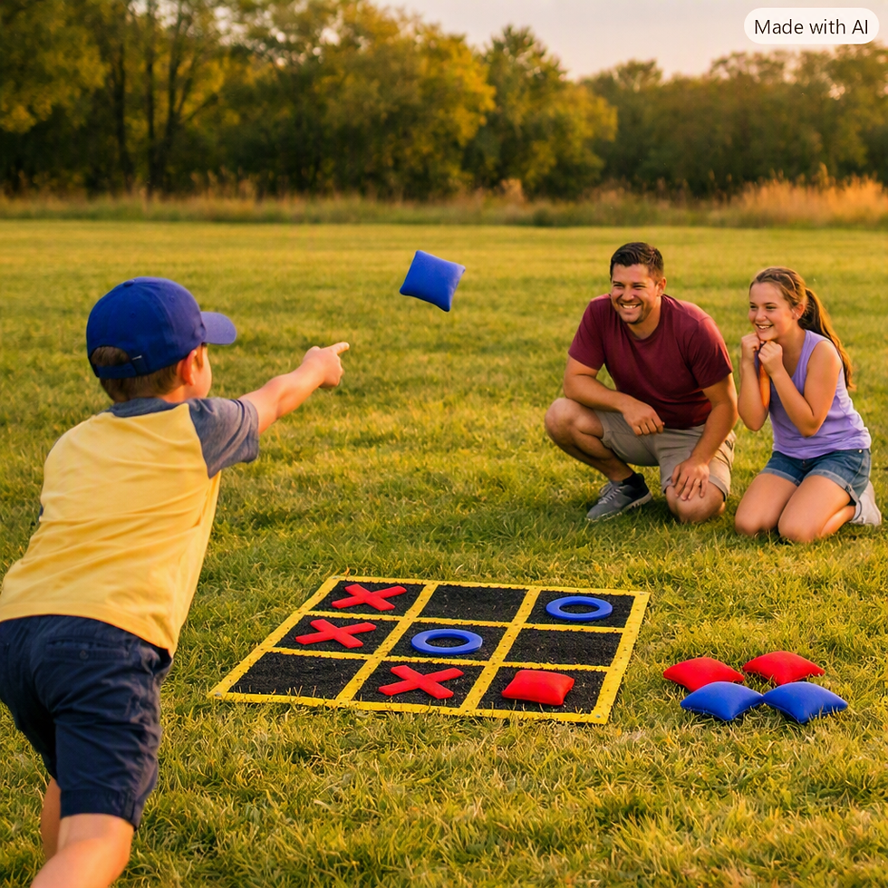 Outdoor tic‑tac‑toe yard game with large grid and game pieces.